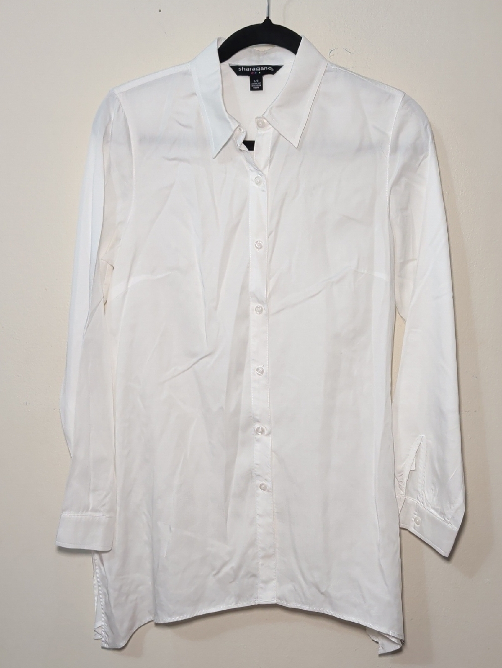Sharagano White Long-Sleeve Button-Down Shirt Shark Bite Hem Women's Size S